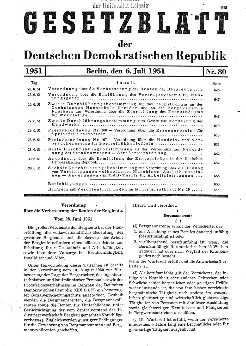 Gesetzblatt (GBl.) der Deutschen Demokratischen Republik (DDR) 1951, Seite 645 (GBl. DDR 1951, S. 645)