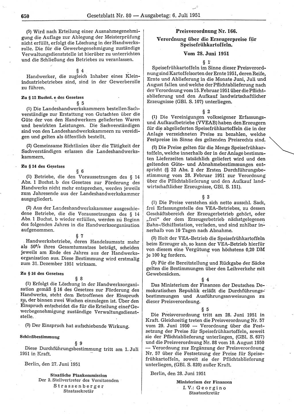 Gesetzblatt (GBl.) der Deutschen Demokratischen Republik (DDR) 1951, Seite 650 (GBl. DDR 1951, S. 650)