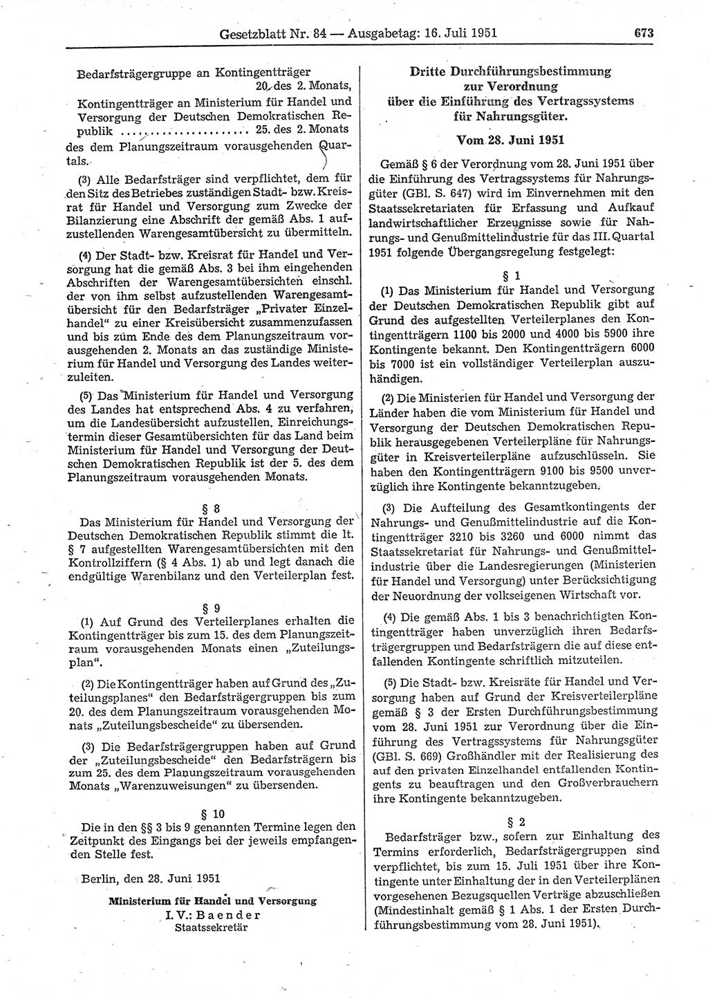 Gesetzblatt (GBl.) der Deutschen Demokratischen Republik (DDR) 1951, Seite 673 (GBl. DDR 1951, S. 673)