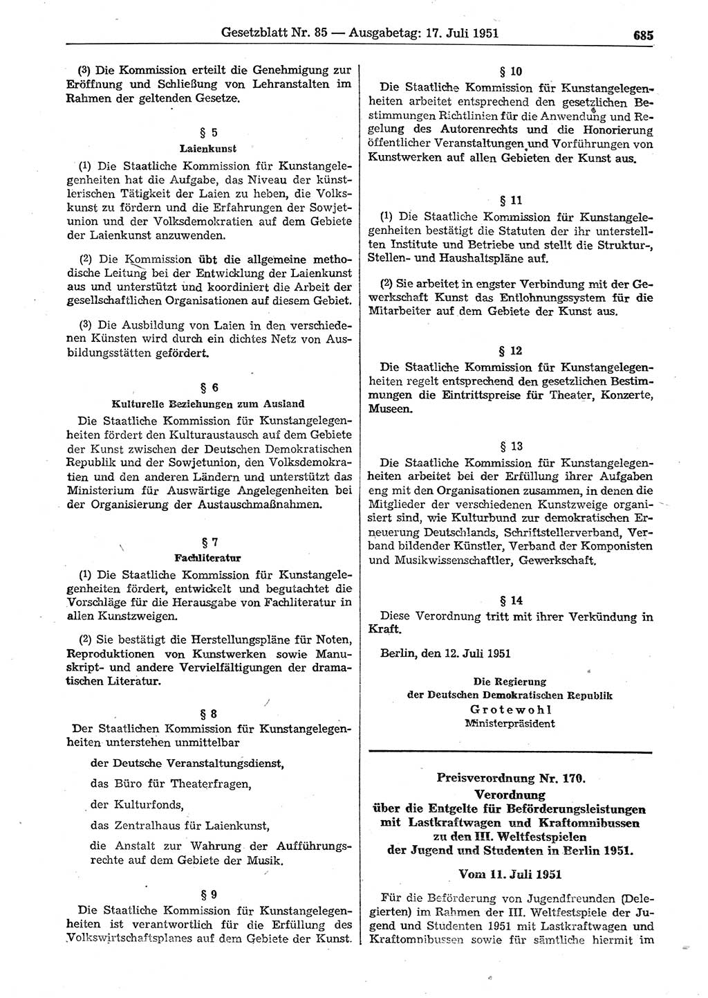 Gesetzblatt (GBl.) der Deutschen Demokratischen Republik (DDR) 1951, Seite 685 (GBl. DDR 1951, S. 685)
