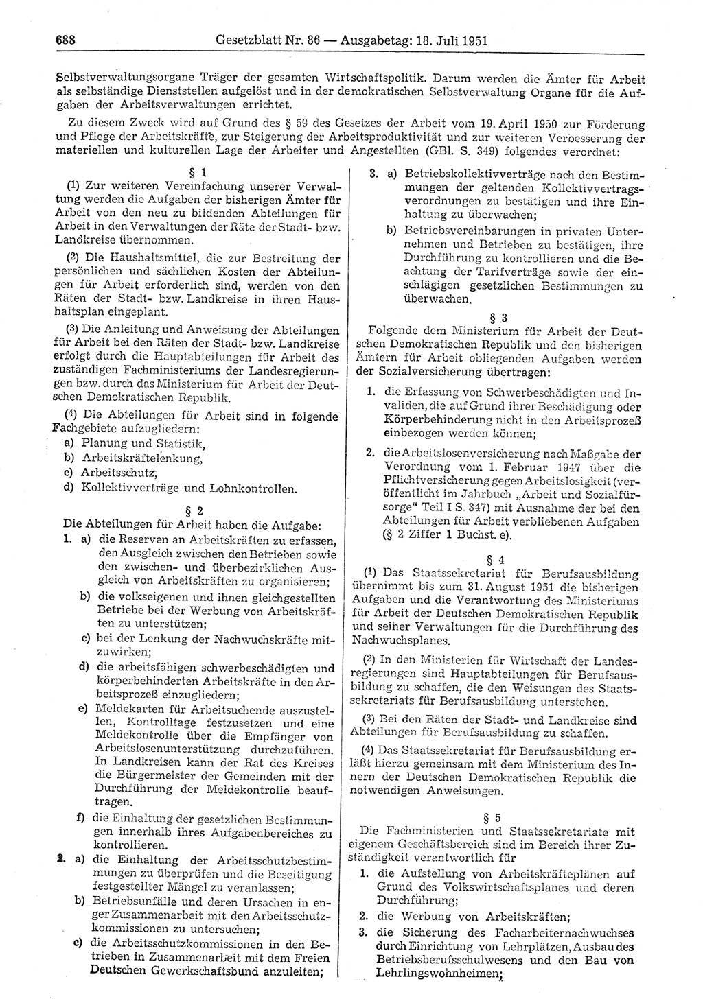 Gesetzblatt (GBl.) der Deutschen Demokratischen Republik (DDR) 1951, Seite 688 (GBl. DDR 1951, S. 688)