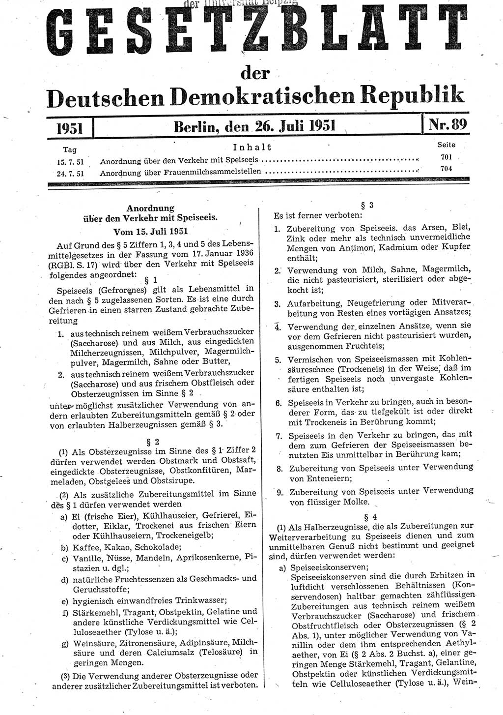 Gesetzblatt (GBl.) der Deutschen Demokratischen Republik (DDR) 1951, Seite 701 (GBl. DDR 1951, S. 701)