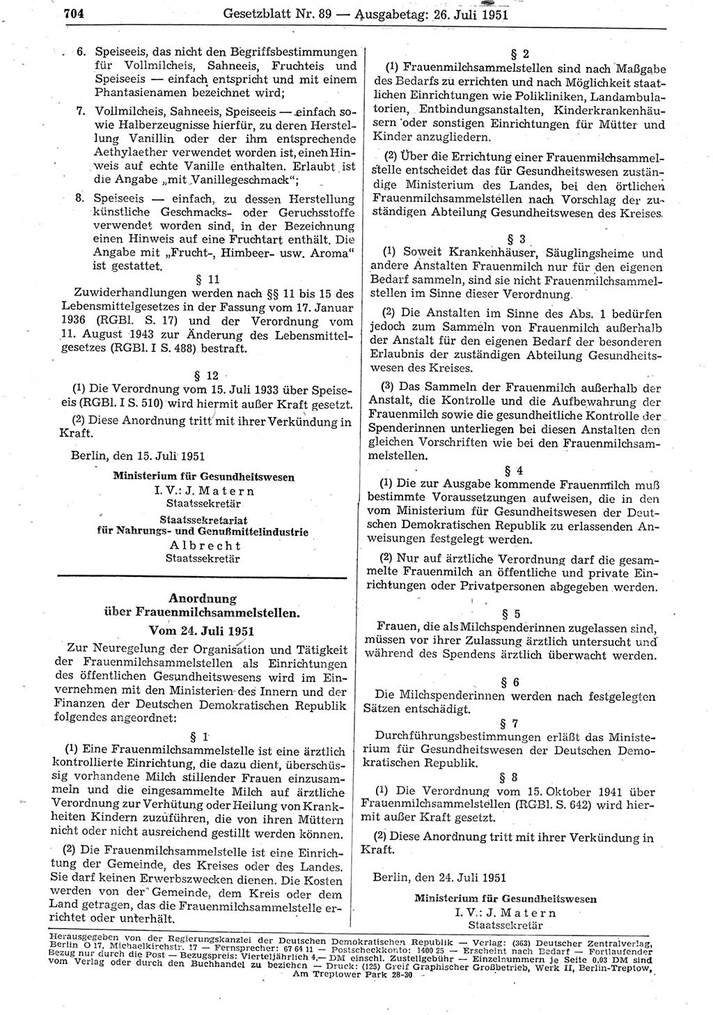 Gesetzblatt (GBl.) der Deutschen Demokratischen Republik (DDR) 1951, Seite 704 (GBl. DDR 1951, S. 704)