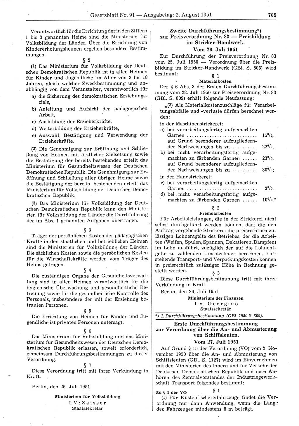 Gesetzblatt (GBl.) der Deutschen Demokratischen Republik (DDR) 1951, Seite 709 (GBl. DDR 1951, S. 709)