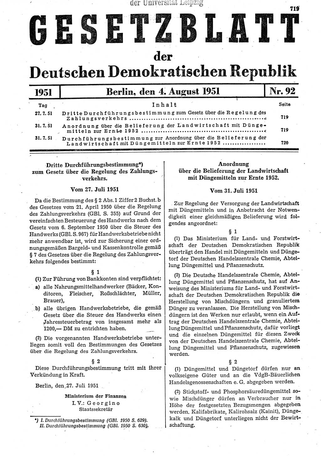 Gesetzblatt (GBl.) der Deutschen Demokratischen Republik (DDR) 1951, Seite 719 (GBl. DDR 1951, S. 719)