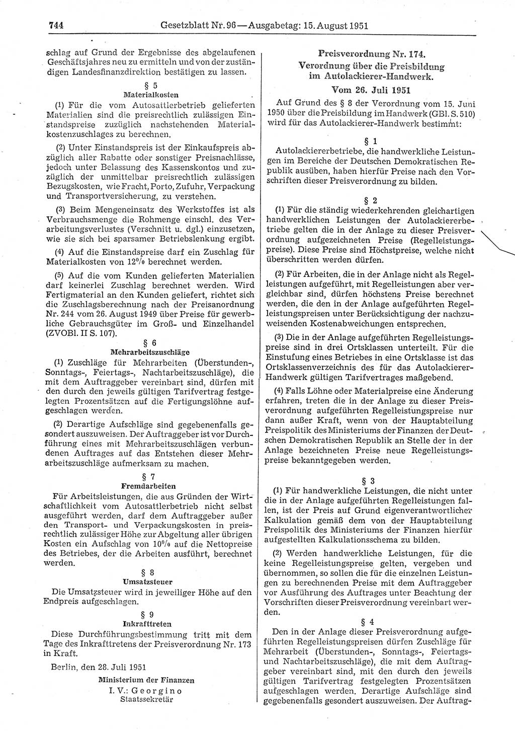 Gesetzblatt (GBl.) der Deutschen Demokratischen Republik (DDR) 1951, Seite 744 (GBl. DDR 1951, S. 744)