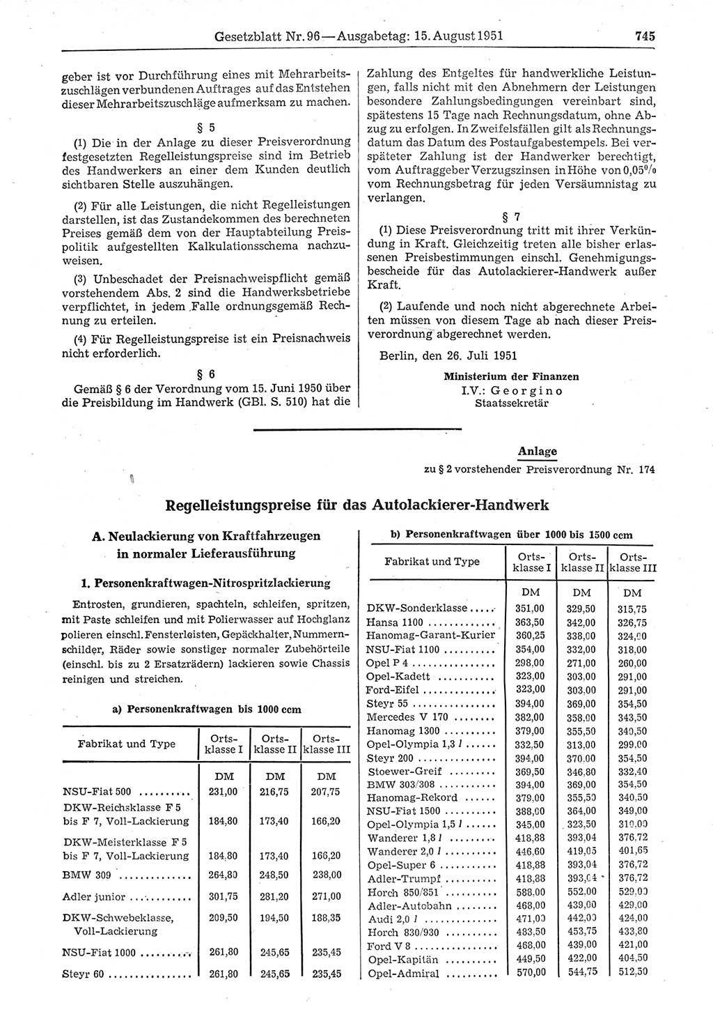 Gesetzblatt (GBl.) der Deutschen Demokratischen Republik (DDR) 1951, Seite 745 (GBl. DDR 1951, S. 745)