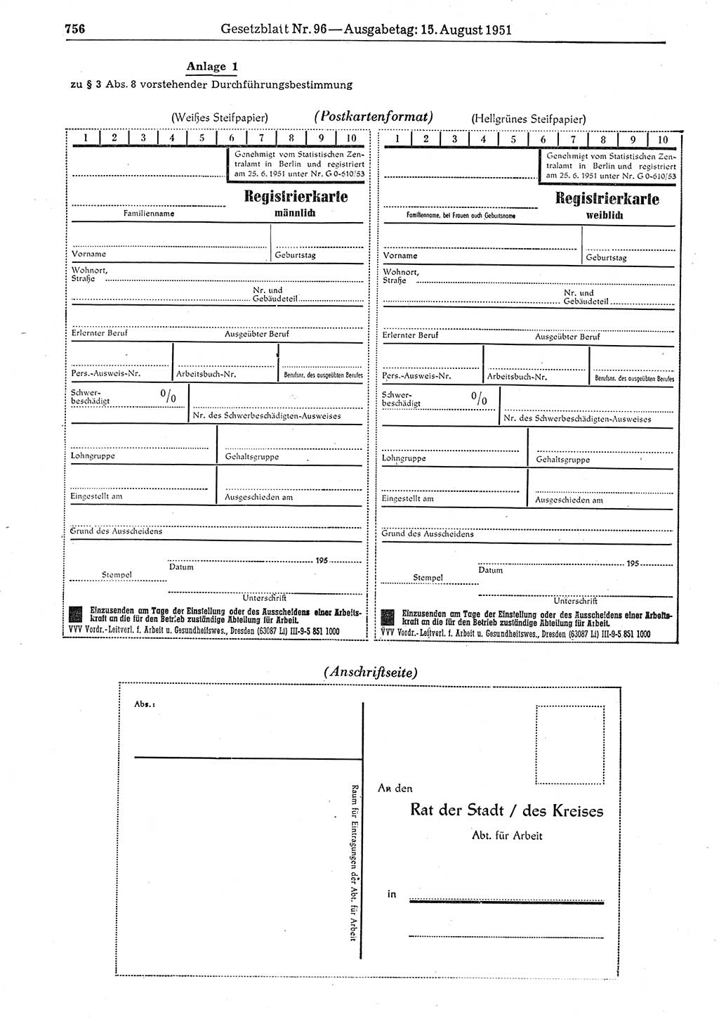 Gesetzblatt (GBl.) der Deutschen Demokratischen Republik (DDR) 1951, Seite 756 (GBl. DDR 1951, S. 756)