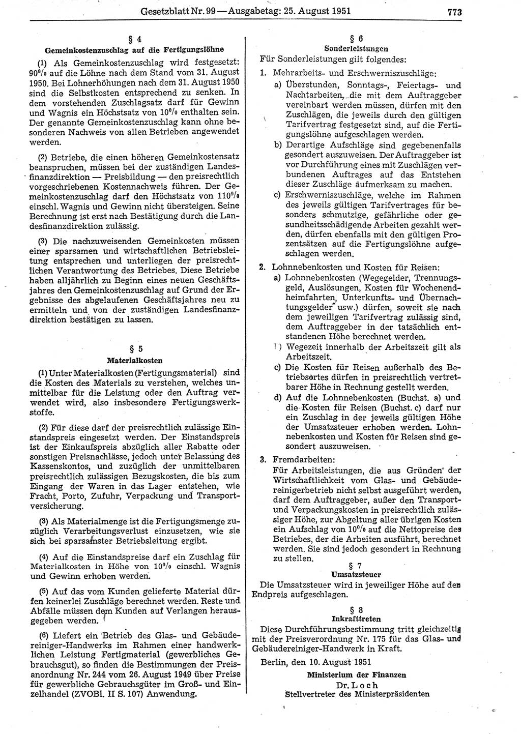 Gesetzblatt (GBl.) der Deutschen Demokratischen Republik (DDR) 1951, Seite 773 (GBl. DDR 1951, S. 773)