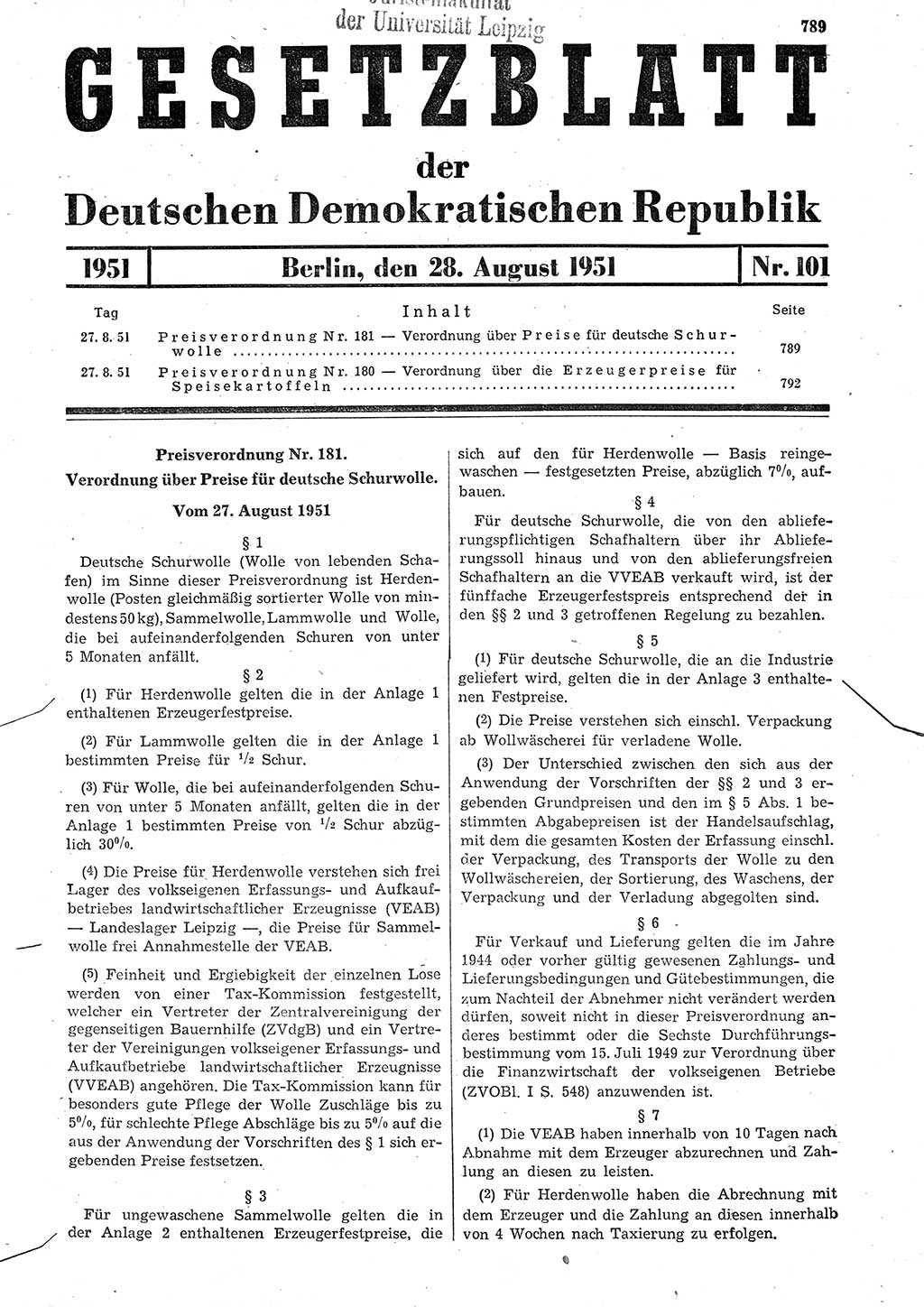 Gesetzblatt (GBl.) der Deutschen Demokratischen Republik (DDR) 1951, Seite 789 (GBl. DDR 1951, S. 789)