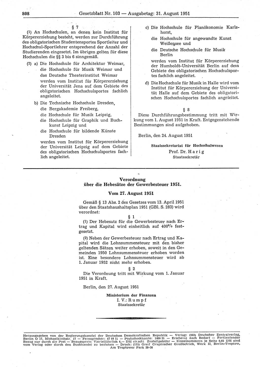 Gesetzblatt (GBl.) der Deutschen Demokratischen Republik (DDR) 1951, Seite 808 (GBl. DDR 1951, S. 808)