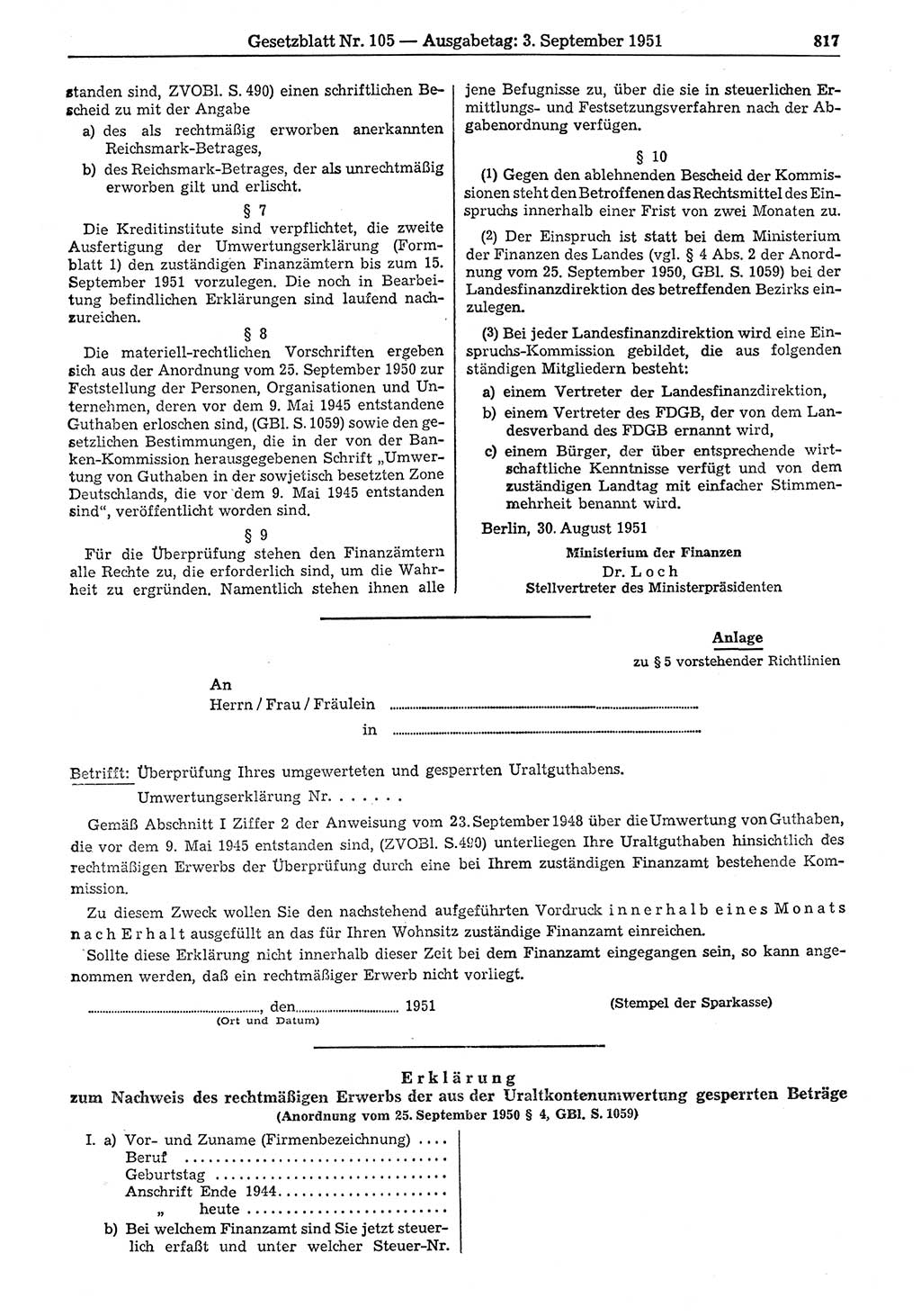Gesetzblatt (GBl.) der Deutschen Demokratischen Republik (DDR) 1951, Seite 817 (GBl. DDR 1951, S. 817)