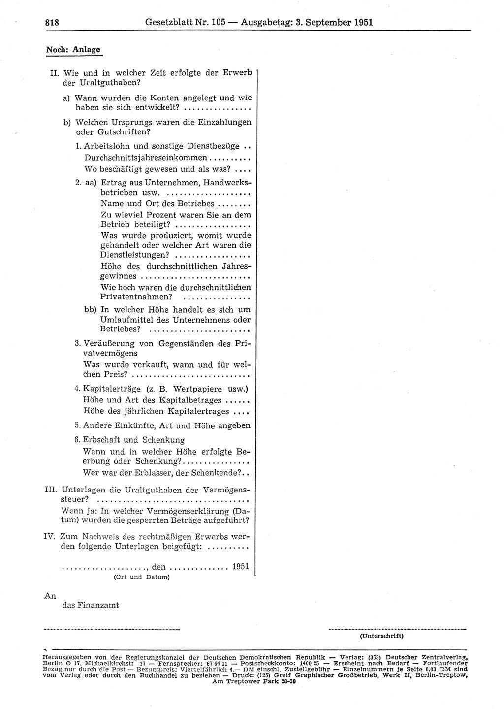 Gesetzblatt (GBl.) der Deutschen Demokratischen Republik (DDR) 1951, Seite 818 (GBl. DDR 1951, S. 818)
