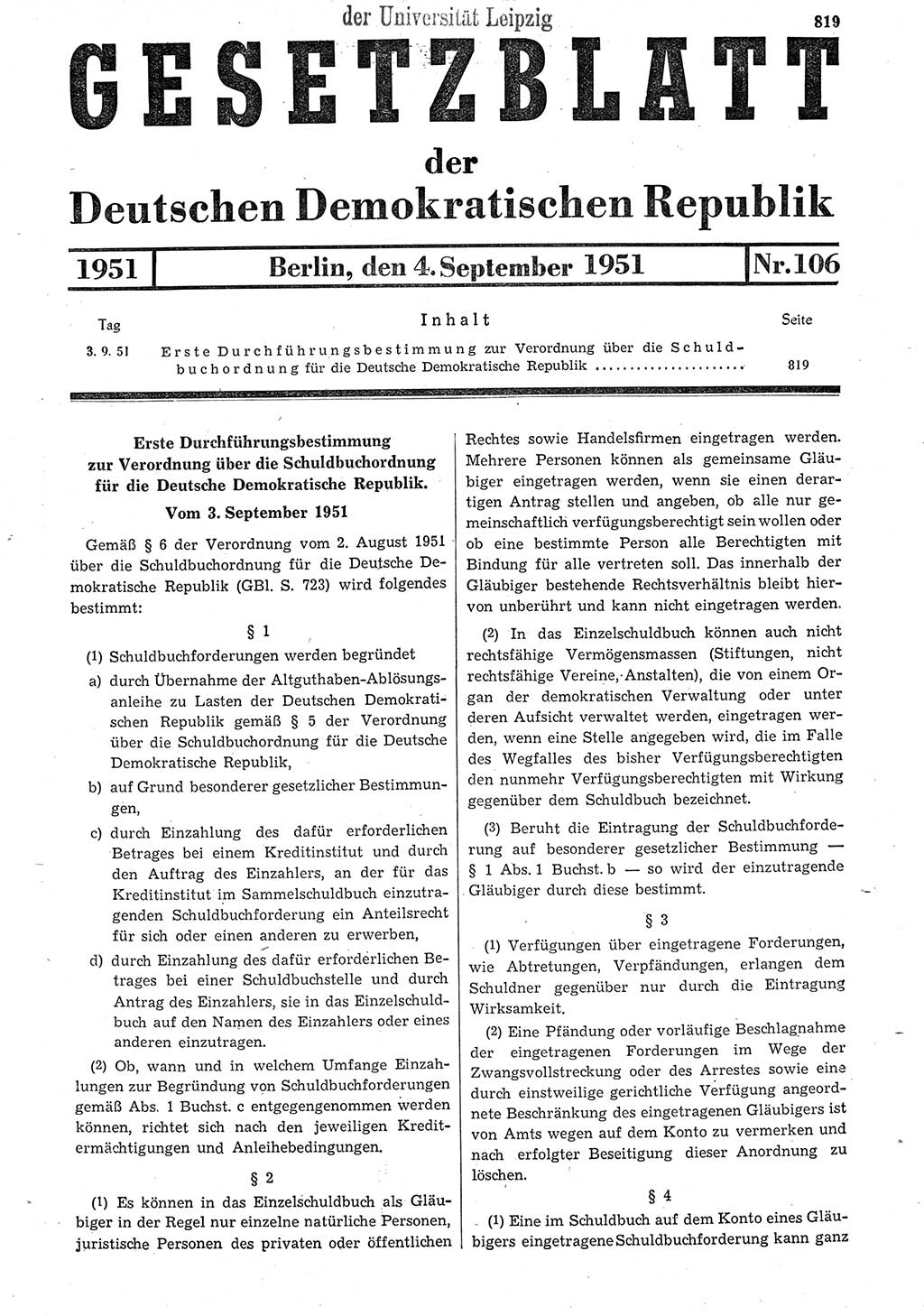 Gesetzblatt (GBl.) der Deutschen Demokratischen Republik (DDR) 1951, Seite 819 (GBl. DDR 1951, S. 819)