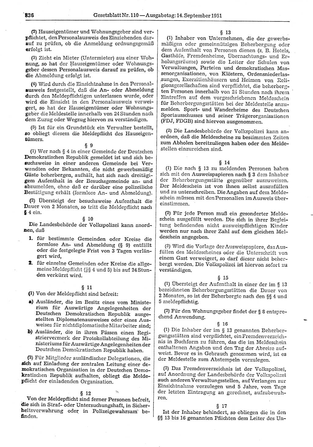 Gesetzblatt (GBl.) der Deutschen Demokratischen Republik (DDR) 1951, Seite 836 (GBl. DDR 1951, S. 836)