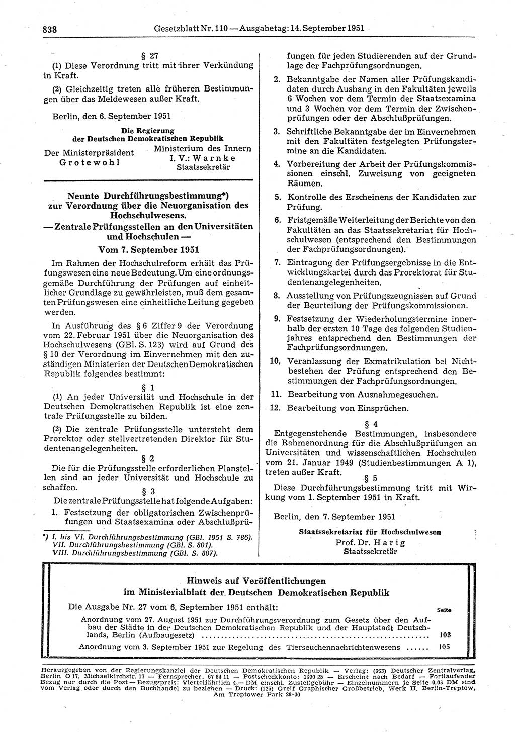 Gesetzblatt (GBl.) der Deutschen Demokratischen Republik (DDR) 1951, Seite 838 (GBl. DDR 1951, S. 838)