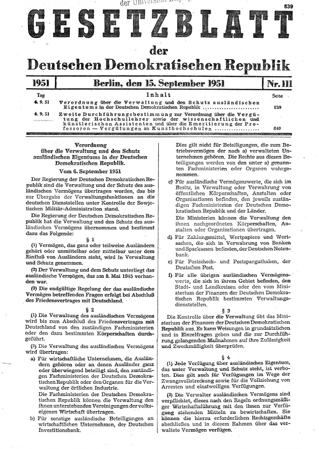 Gesetzblatt (GBl.) der Deutschen Demokratischen Republik (DDR) 1951, Seite 839 (GBl. DDR 1951, S. 839)