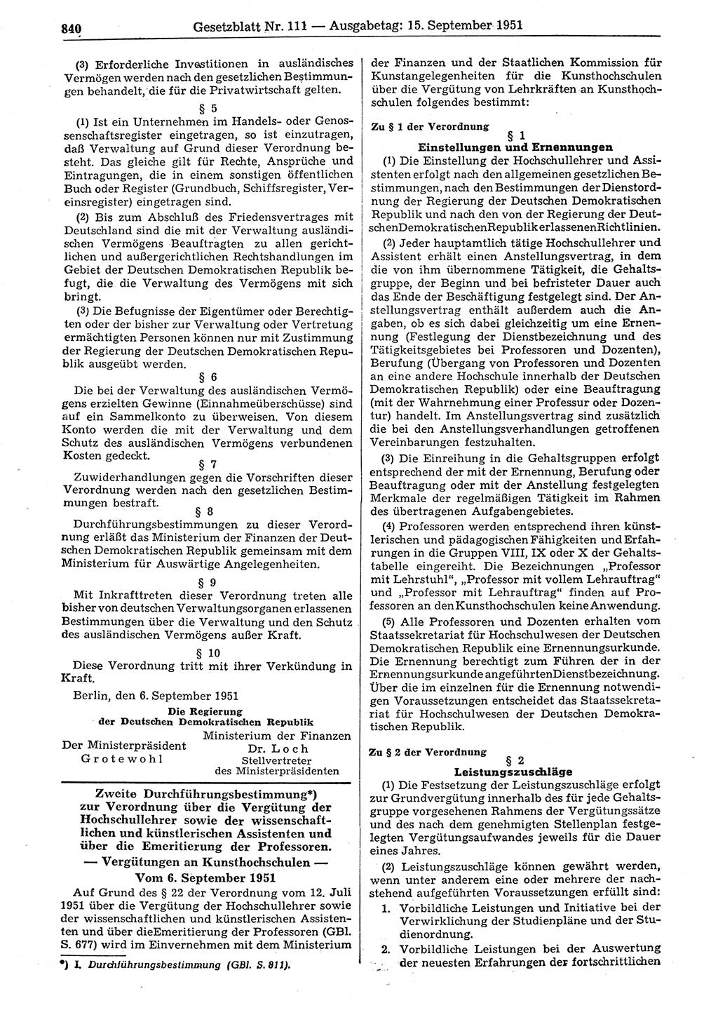 Gesetzblatt (GBl.) der Deutschen Demokratischen Republik (DDR) 1951, Seite 840 (GBl. DDR 1951, S. 840)