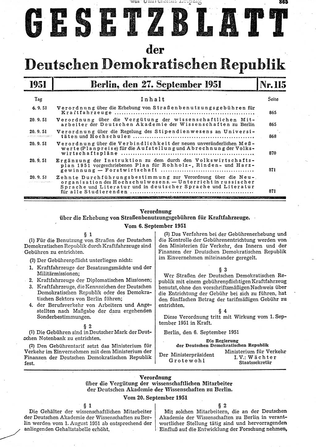 Gesetzblatt (GBl.) der Deutschen Demokratischen Republik (DDR) 1951, Seite 865 (GBl. DDR 1951, S. 865)