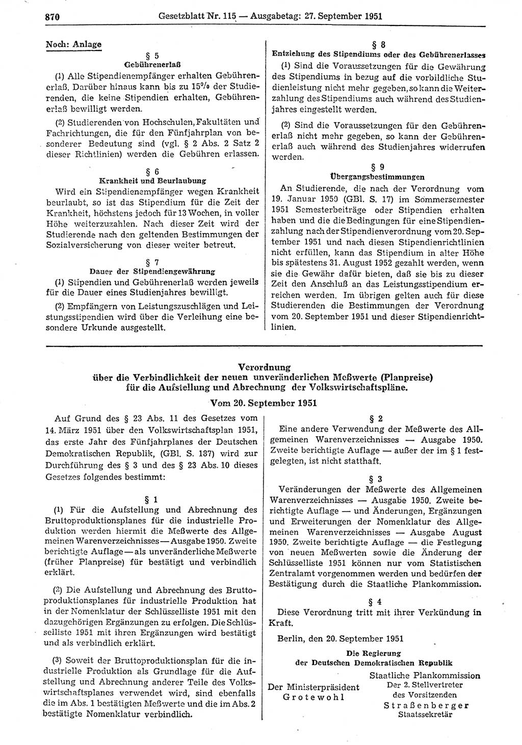 Gesetzblatt (GBl.) der Deutschen Demokratischen Republik (DDR) 1951, Seite 870 (GBl. DDR 1951, S. 870)