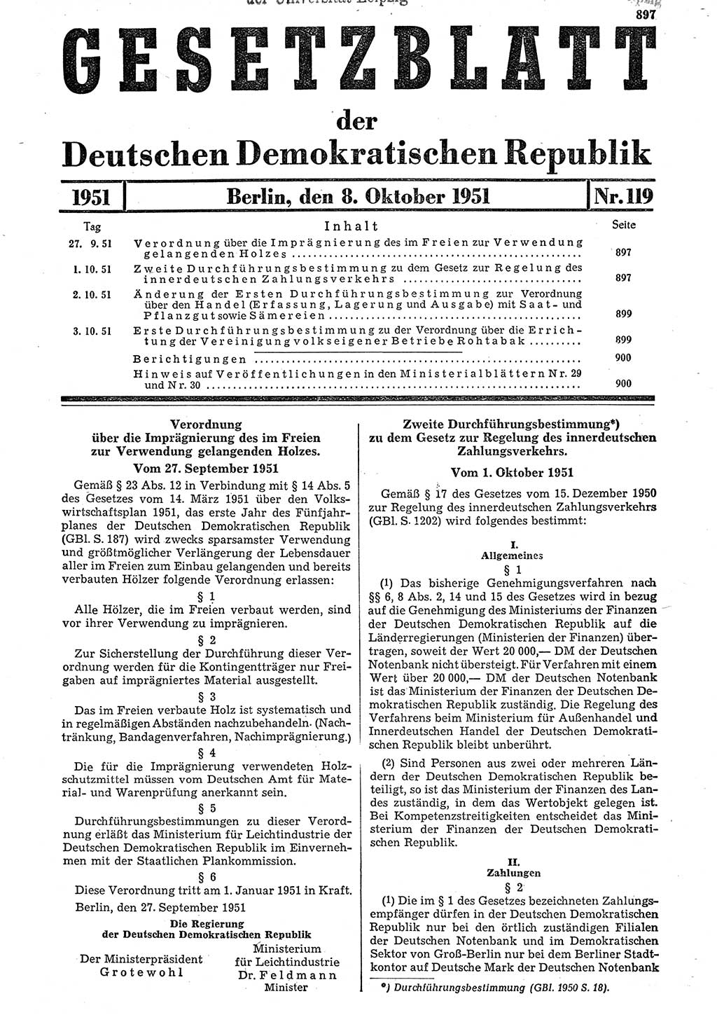 Gesetzblatt (GBl.) der Deutschen Demokratischen Republik (DDR) 1951, Seite 897 (GBl. DDR 1951, S. 897)