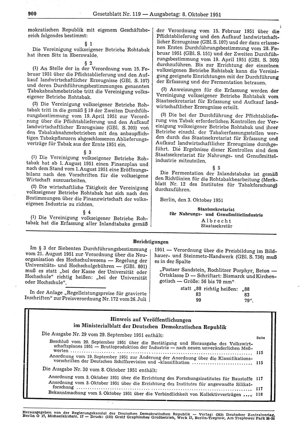 Gesetzblatt (GBl.) der Deutschen Demokratischen Republik (DDR) 1951, Seite 900 (GBl. DDR 1951, S. 900)