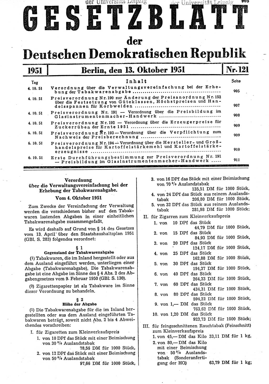 Gesetzblatt (GBl.) der Deutschen Demokratischen Republik (DDR) 1951, Seite 905 (GBl. DDR 1951, S. 905)