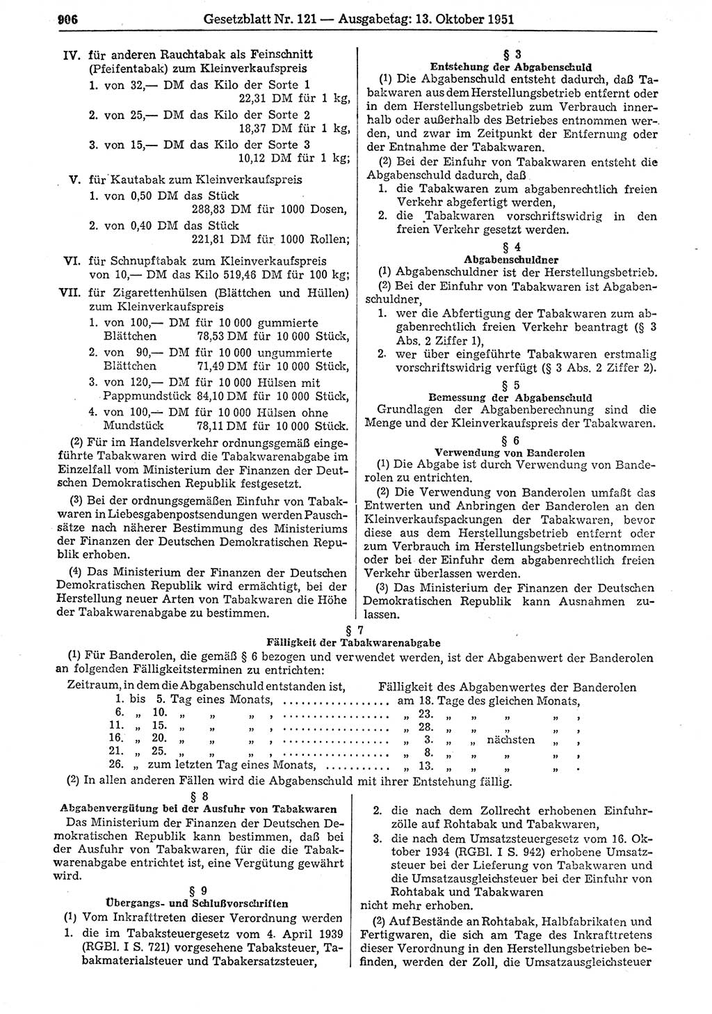 Gesetzblatt (GBl.) der Deutschen Demokratischen Republik (DDR) 1951, Seite 906 (GBl. DDR 1951, S. 906)