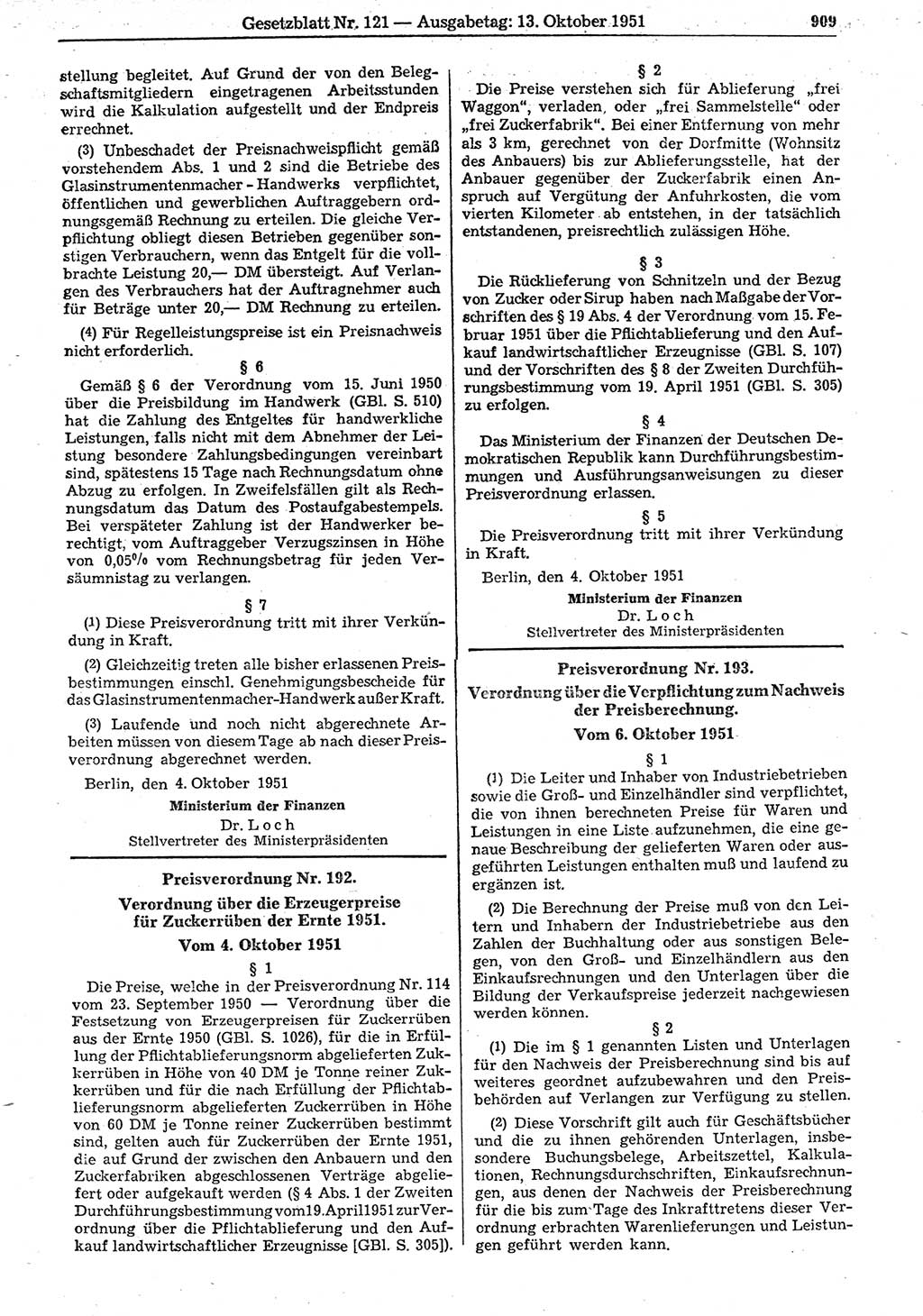 Gesetzblatt (GBl.) der Deutschen Demokratischen Republik (DDR) 1951, Seite 909 (GBl. DDR 1951, S. 909)