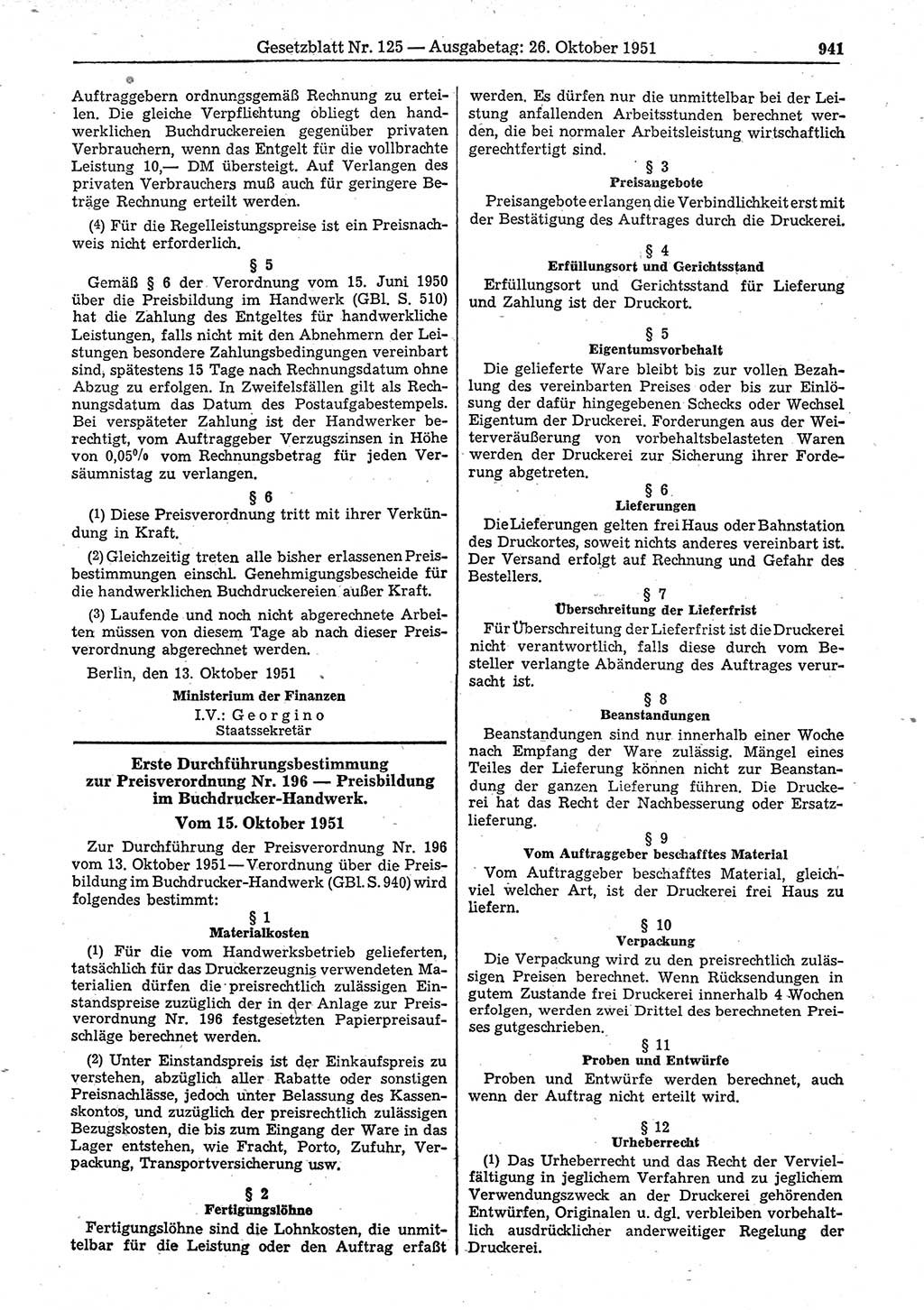 Gesetzblatt (GBl.) der Deutschen Demokratischen Republik (DDR) 1951, Seite 941 (GBl. DDR 1951, S. 941)