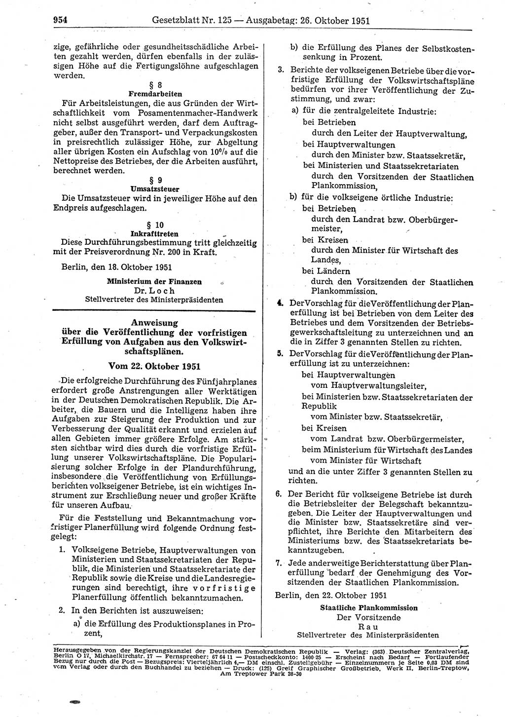 Gesetzblatt (GBl.) der Deutschen Demokratischen Republik (DDR) 1951, Seite 954 (GBl. DDR 1951, S. 954)