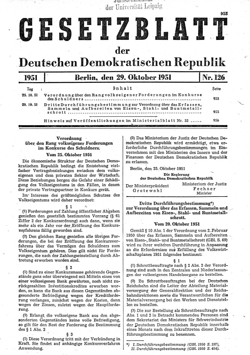 Gesetzblatt (GBl.) der Deutschen Demokratischen Republik (DDR) 1951, Seite 955 (GBl. DDR 1951, S. 955)