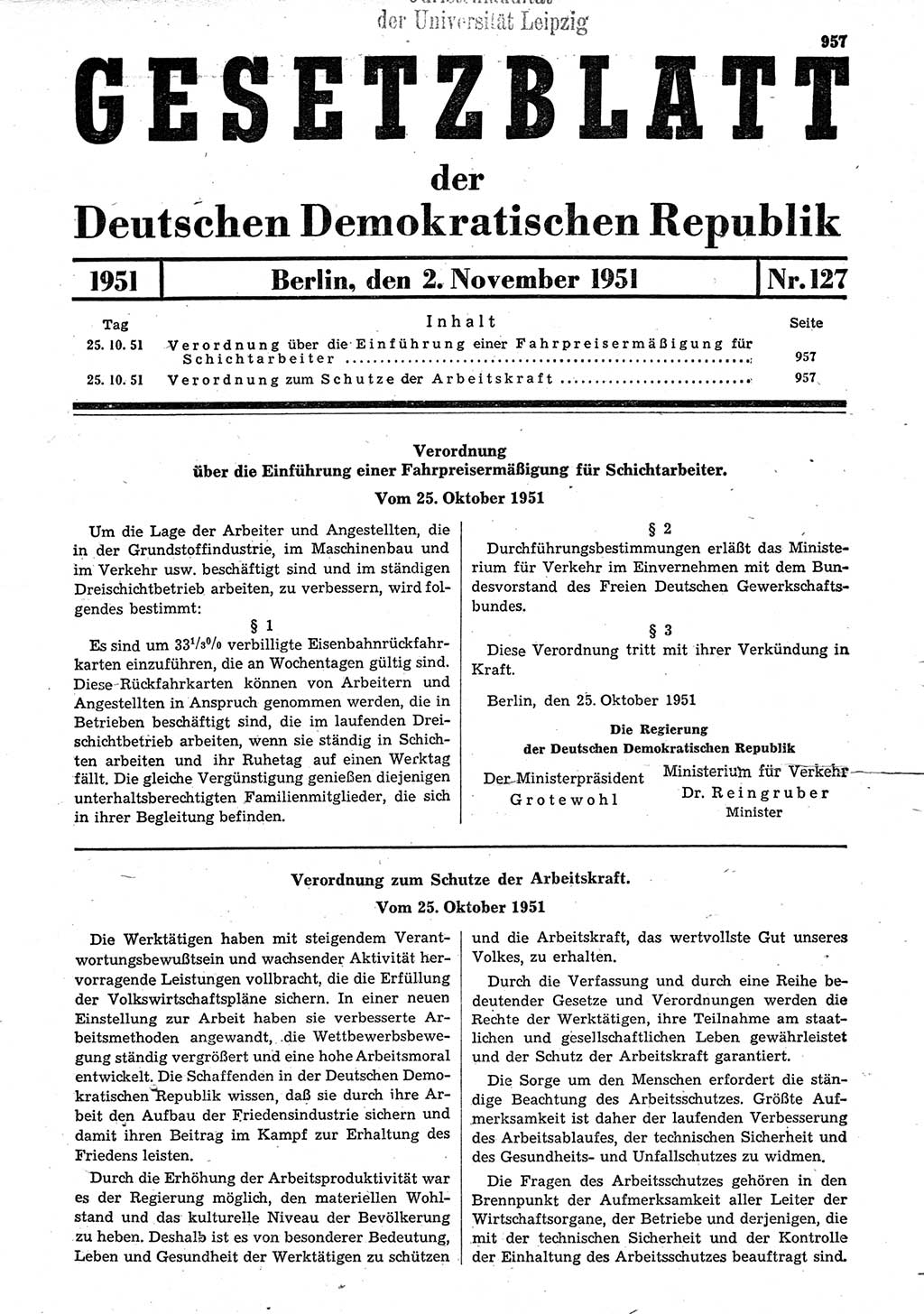 Gesetzblatt (GBl.) der Deutschen Demokratischen Republik (DDR) 1951, Seite 957 (GBl. DDR 1951, S. 957)