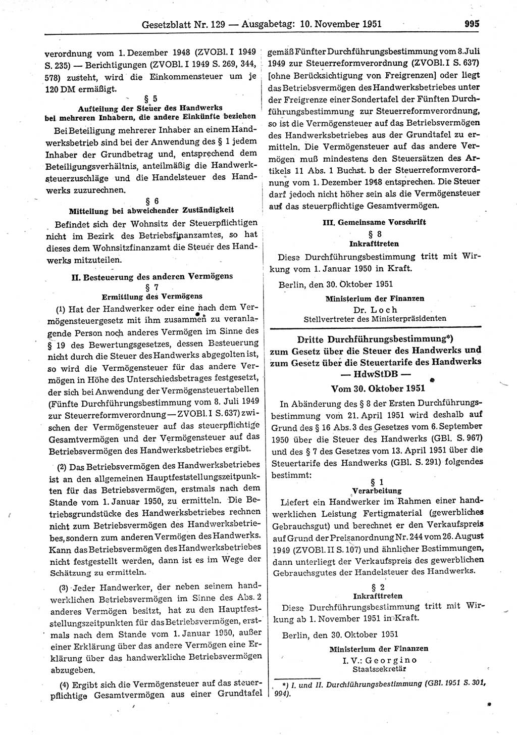 Gesetzblatt (GBl.) der Deutschen Demokratischen Republik (DDR) 1951, Seite 995 (GBl. DDR 1951, S. 995)