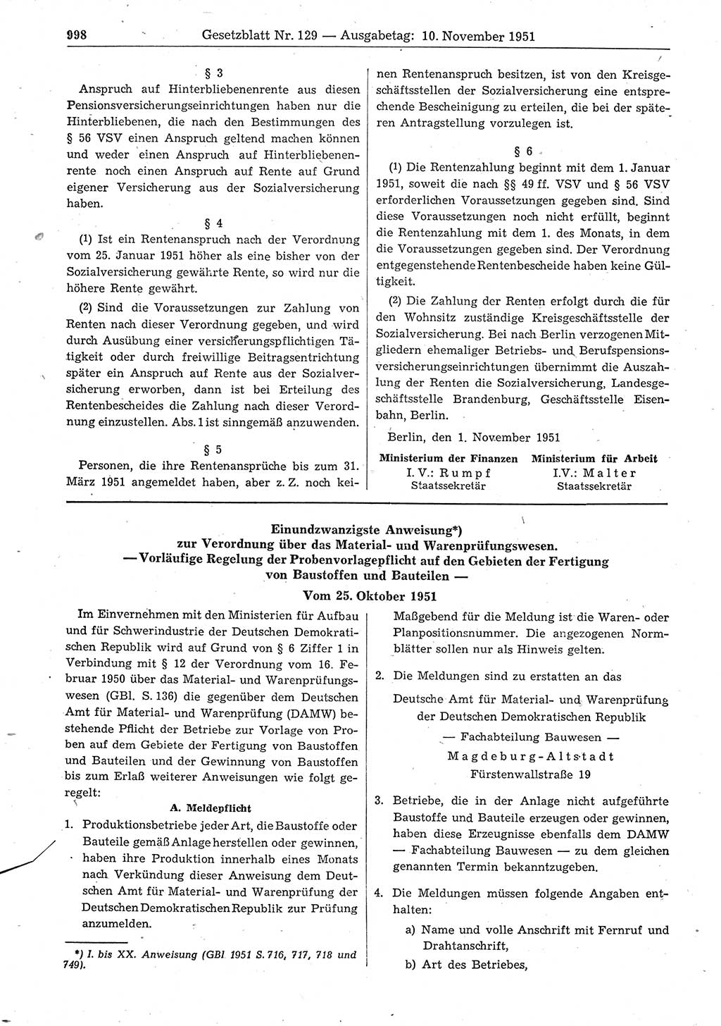 Gesetzblatt (GBl.) der Deutschen Demokratischen Republik (DDR) 1951, Seite 998 (GBl. DDR 1951, S. 998)