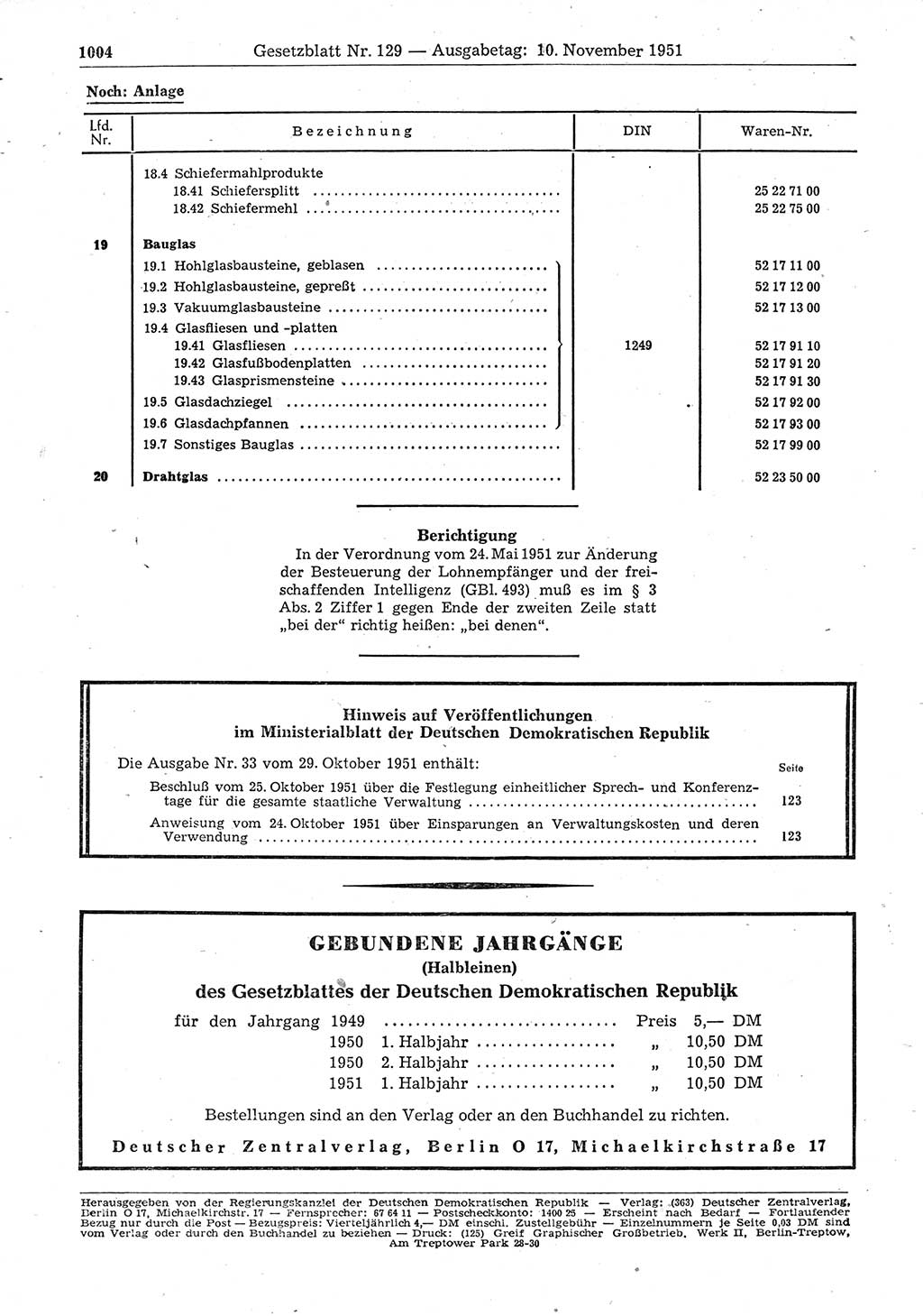 Gesetzblatt (GBl.) der Deutschen Demokratischen Republik (DDR) 1951, Seite 1004 (GBl. DDR 1951, S. 1004)