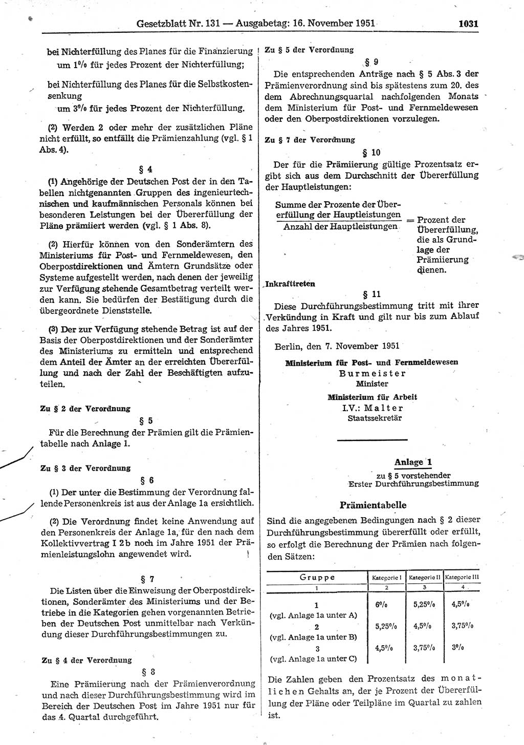 Gesetzblatt (GBl.) der Deutschen Demokratischen Republik (DDR) 1951, Seite 1031 (GBl. DDR 1951, S. 1031)