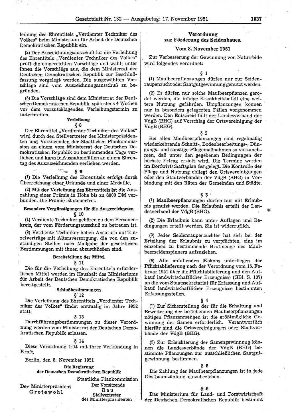 Gesetzblatt (GBl.) der Deutschen Demokratischen Republik (DDR) 1951, Seite 1037 (GBl. DDR 1951, S. 1037)