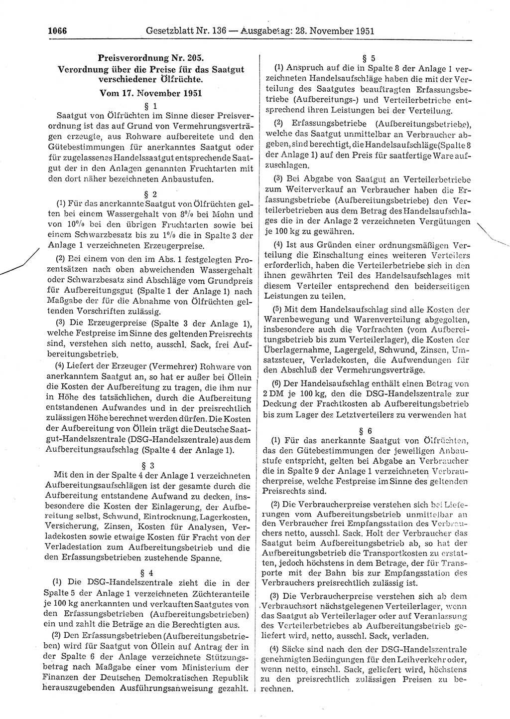 Gesetzblatt (GBl.) der Deutschen Demokratischen Republik (DDR) 1951, Seite 1066 (GBl. DDR 1951, S. 1066)