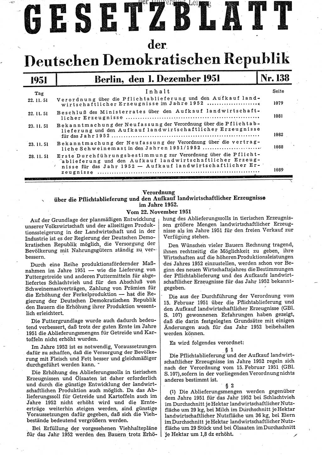 Gesetzblatt (GBl.) der Deutschen Demokratischen Republik (DDR) 1951, Seite 1079 (GBl. DDR 1951, S. 1079)
