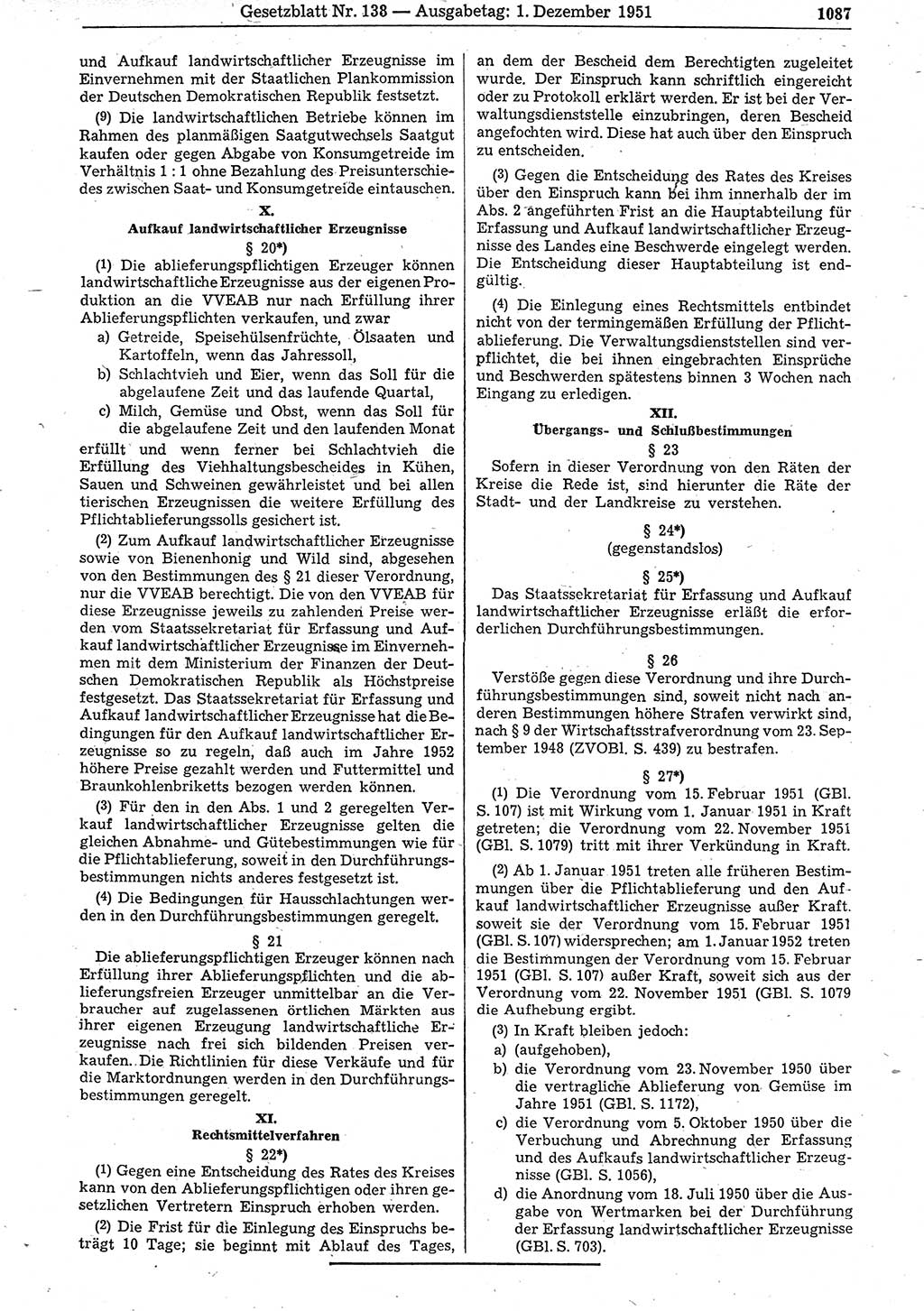 Gesetzblatt (GBl.) der Deutschen Demokratischen Republik (DDR) 1951, Seite 1087 (GBl. DDR 1951, S. 1087)