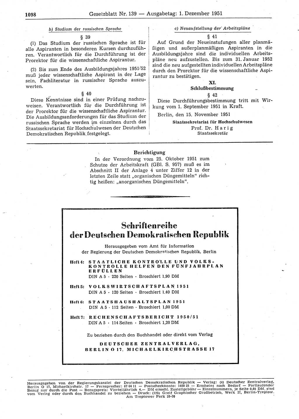 Gesetzblatt (GBl.) der Deutschen Demokratischen Republik (DDR) 1951, Seite 1098 (GBl. DDR 1951, S. 1098)