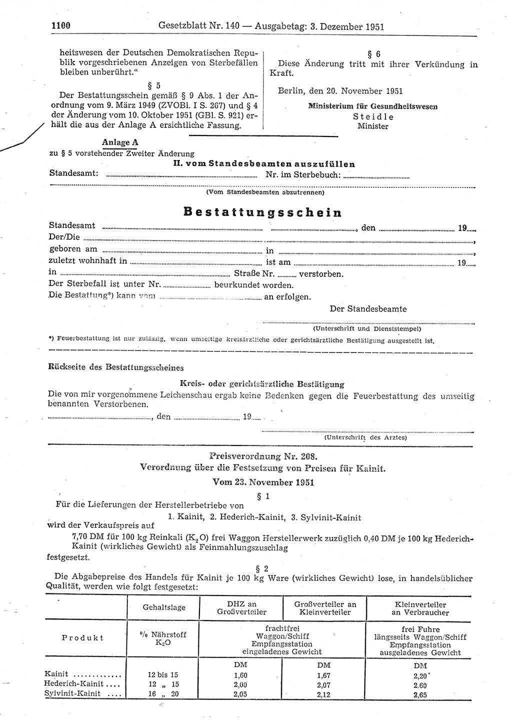 Gesetzblatt (GBl.) der Deutschen Demokratischen Republik (DDR) 1951, Seite 1100 (GBl. DDR 1951, S. 1100)