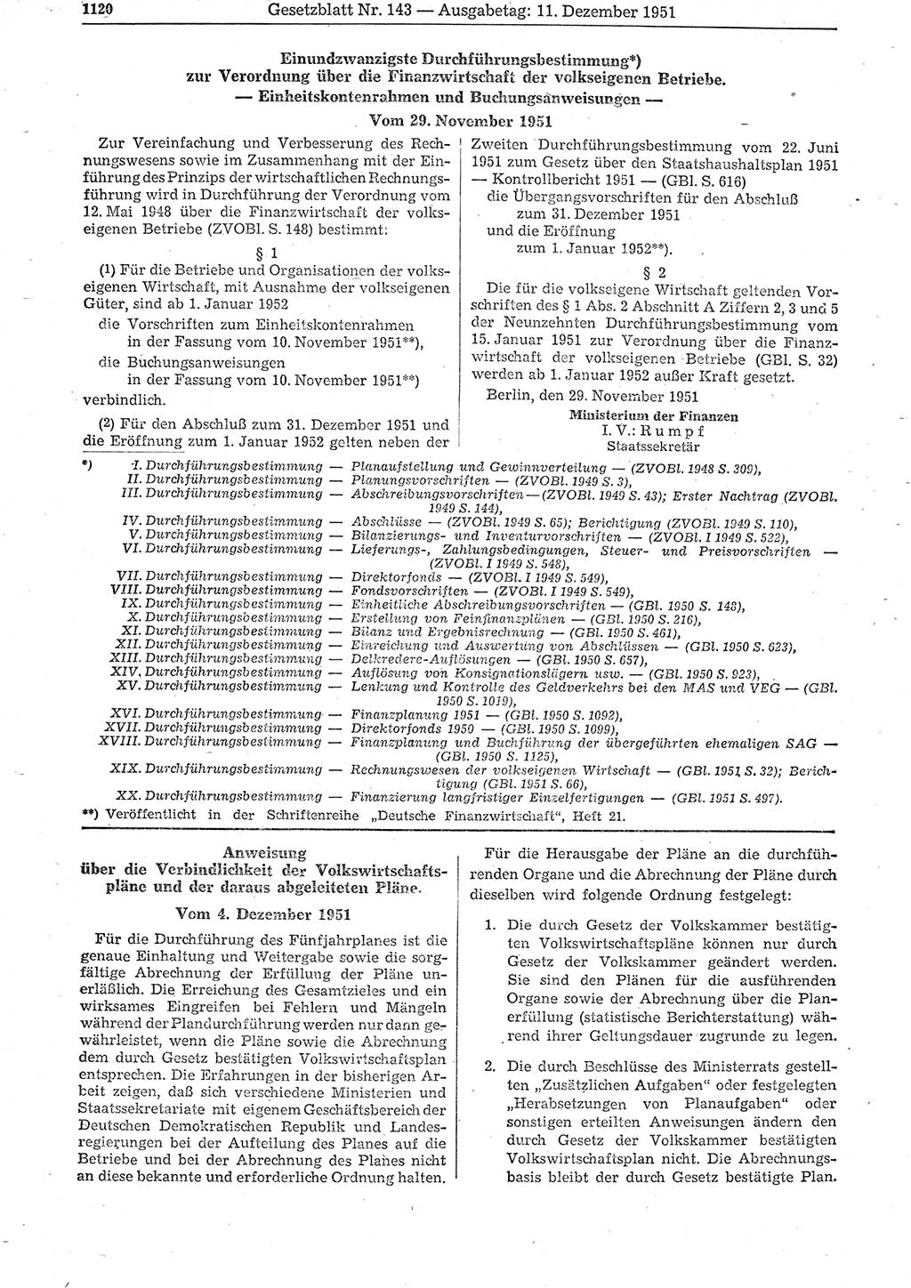 Gesetzblatt (GBl.) der Deutschen Demokratischen Republik (DDR) 1951, Seite 1120 (GBl. DDR 1951, S. 1120)