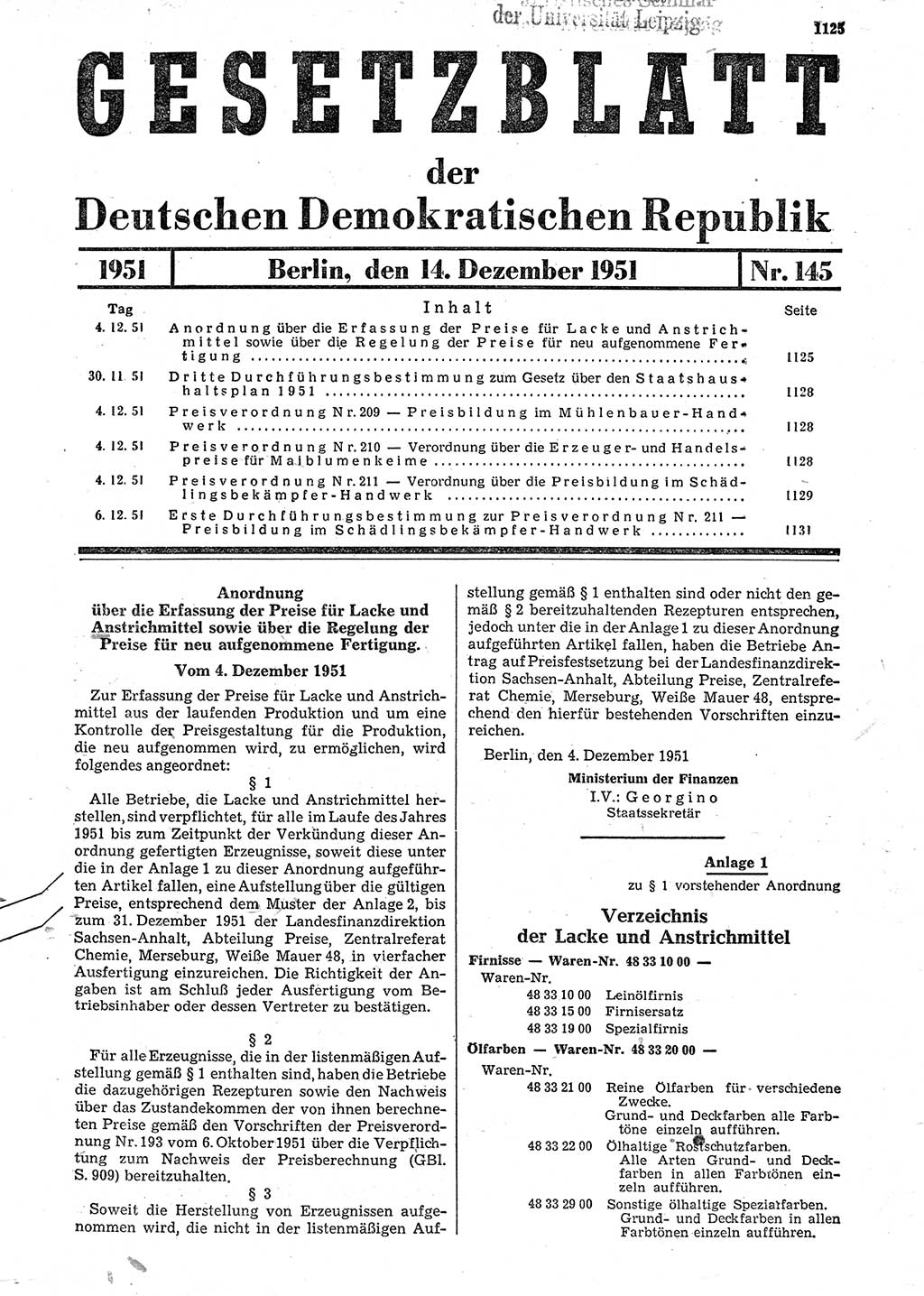 Gesetzblatt (GBl.) der Deutschen Demokratischen Republik (DDR) 1951, Seite 1125 (GBl. DDR 1951, S. 1125)
