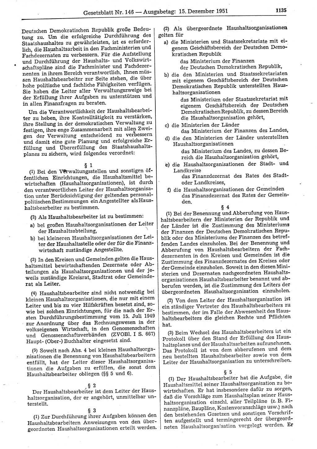 Gesetzblatt (GBl.) der Deutschen Demokratischen Republik (DDR) 1951, Seite 1135 (GBl. DDR 1951, S. 1135)