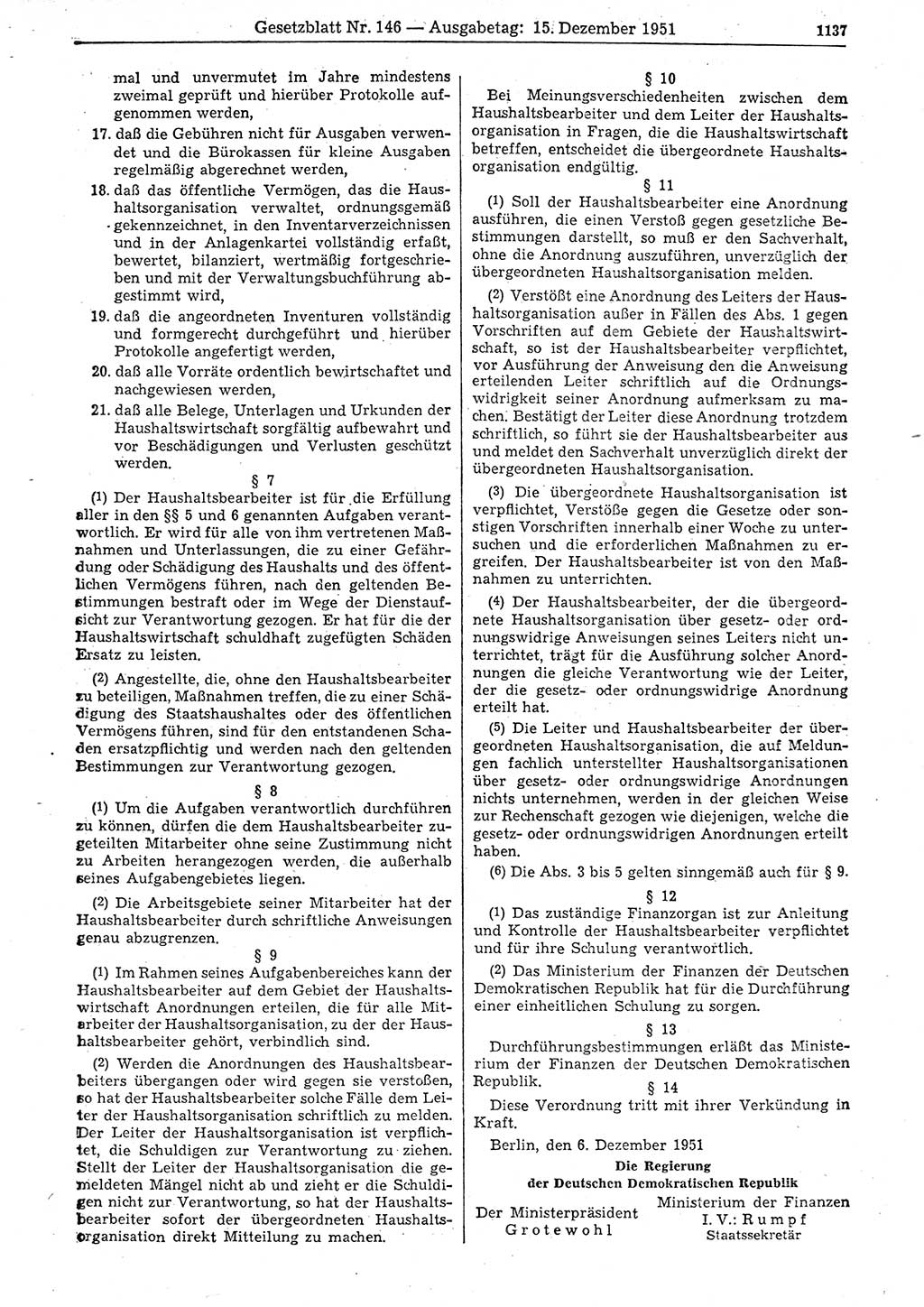 Gesetzblatt (GBl.) der Deutschen Demokratischen Republik (DDR) 1951, Seite 1137 (GBl. DDR 1951, S. 1137)