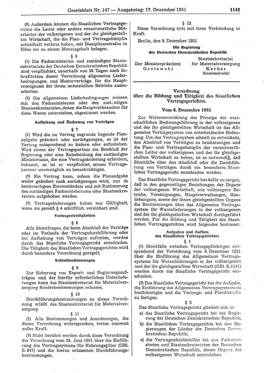 Gesetzblatt (GBl.) der Deutschen Demokratischen Republik (DDR) 1951, Seite 1143 (GBl. DDR 1951, S. 1143)