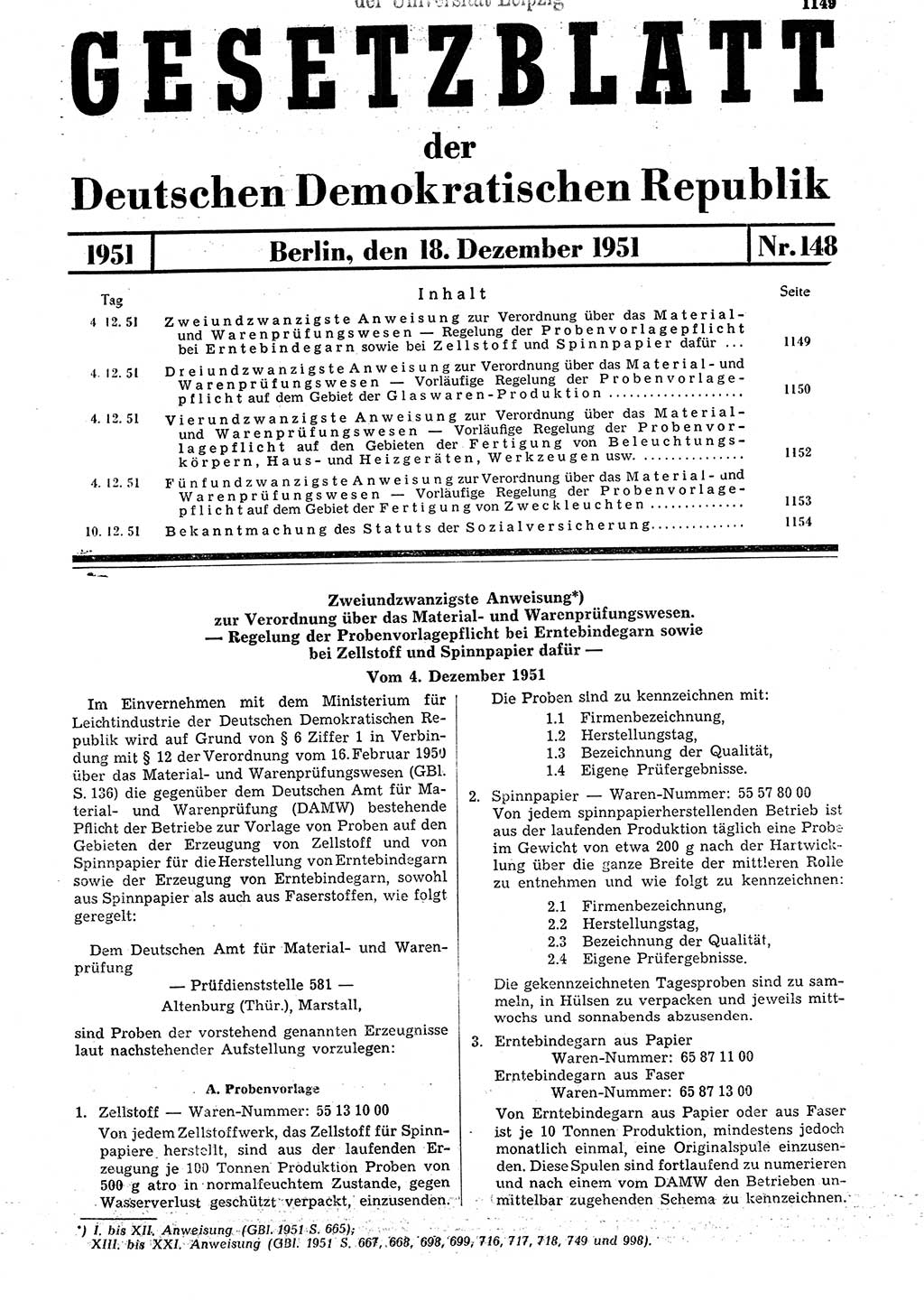Gesetzblatt (GBl.) der Deutschen Demokratischen Republik (DDR) 1951, Seite 1149 (GBl. DDR 1951, S. 1149)
