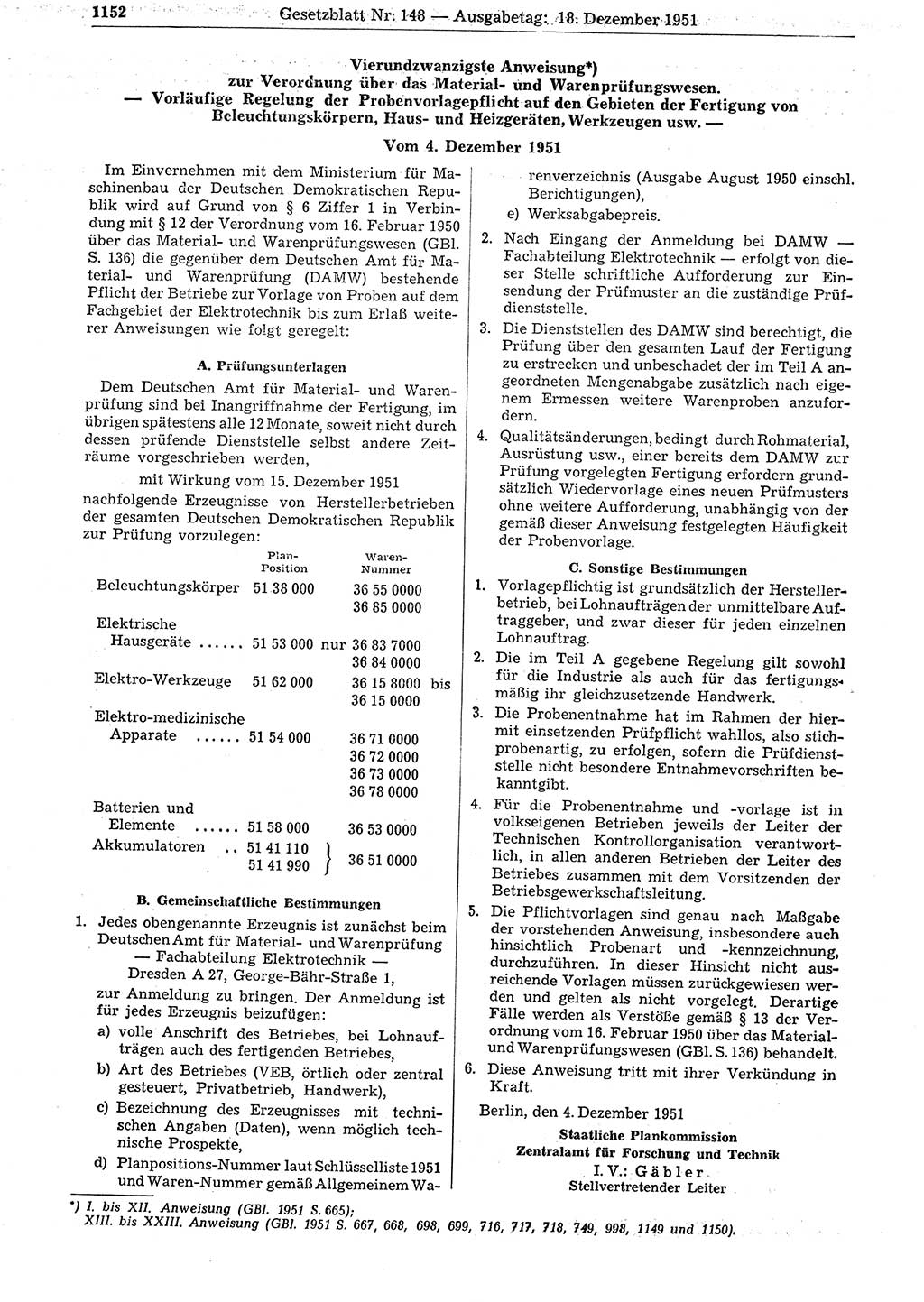 Gesetzblatt (GBl.) der Deutschen Demokratischen Republik (DDR) 1951, Seite 1152 (GBl. DDR 1951, S. 1152)